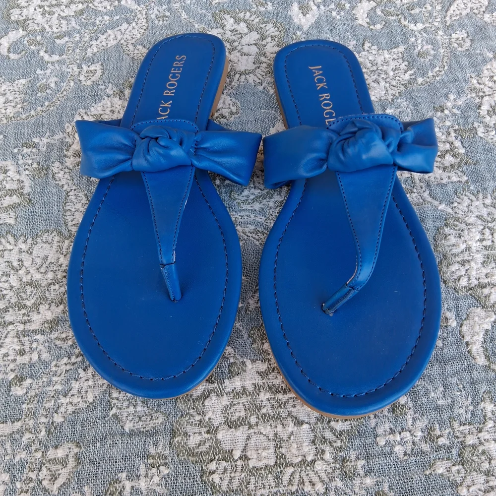 Jack Rogers Vanna Bow Knot Leather Sandals Blue Thong Slide Size 9 Chic Trendy - Picture 2 of 11